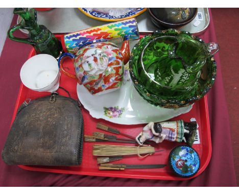 Mary Gregory Green Glass Bowl (repaired) and Jug, oil bottle, Art Nouveau style bag, having turnloc clasp, fans, enamel pot, 