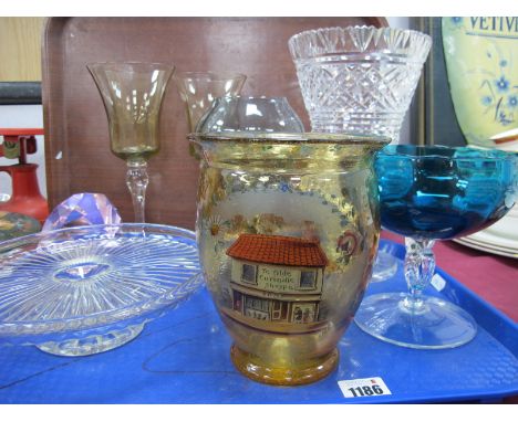 Vintage and Later Glassware, including bubbled glass vase "Ye Olde Curiositie Shoppe", etc:- One Tray