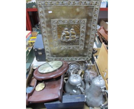 Cased and Loose Cutlery; Horn handled carving set, plated ware, Quartz wall clock:- One Box plus brass fire screen.