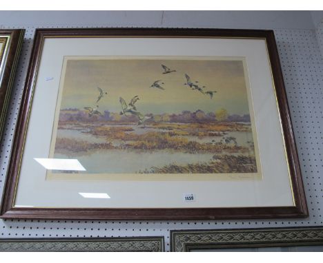 Hugh Monahan (1914-70), Geese in Flight, coloured print published in 1957 by Frost &amp; Reed, graphite signed, blind back st