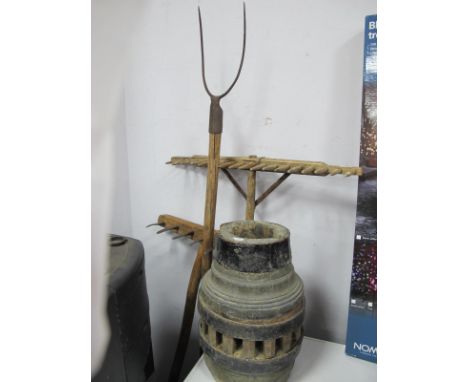 Two Rustic Farmers Rakes and Fork, Capstan, Kiln Tray with long handle. (5)