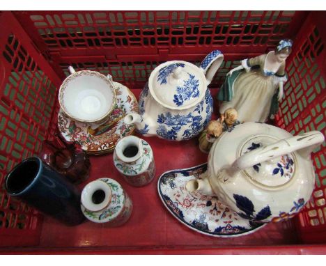 A box of miscellaneous ceramics including Royal Crown Derby cup and saucer and Goebel Hummel instrument players