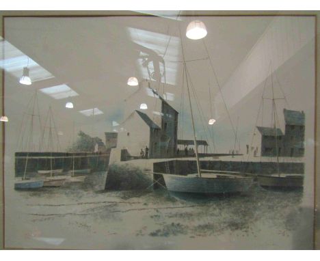 A limited edition framed print of boats in harbour, 42/250, signed, 46cm x 60cm   