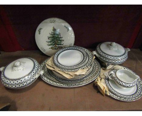 A selection of Victorian "Victory" black and white china tablewares with gilt decoration and a Spode Christmas plate
