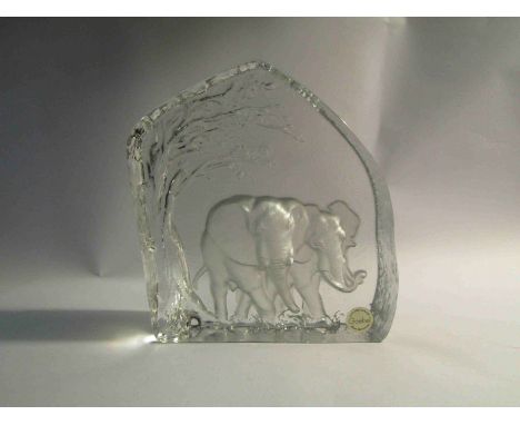 A Goebel crystal glass paperweight depicting two elephants