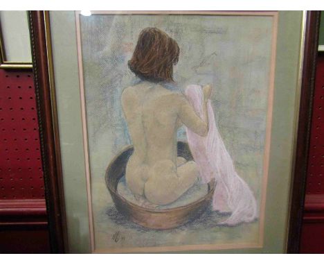 A pastel portrait of young woman sitting in a round wooden bathtub, signed in monogram NG, and dated '97 lower left, 39cm x 3