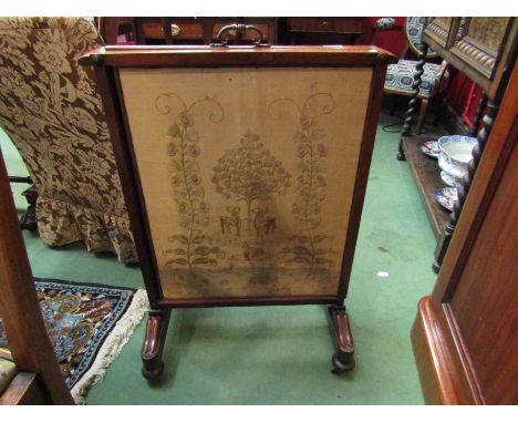 A Victorian mahogany adjustable fire screen with pull-up top section, a/f, needlework panel 