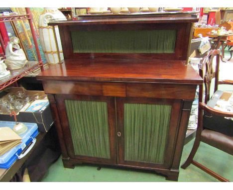 A Circa 1800 mahogany chiffonier the three quarter pierced brass gallery and raised shelf on reeded brass supports over two f