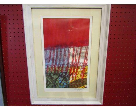 A modernist abstract print in reds and yellows, signed lower right, framed and glazed, 35cm x 22cm