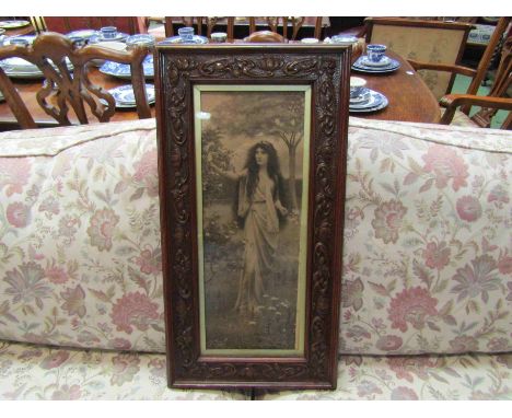 An Abbey Alston 1903 pre-raphaelite print of maiden in garden, Art Nouveau carved frame, 51cm x 19cm