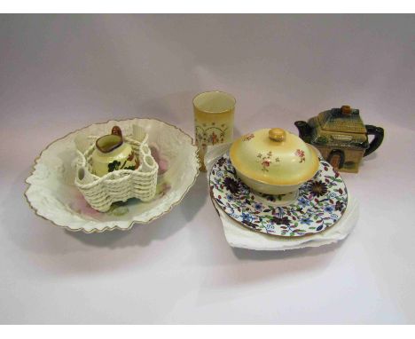 An assortment of china to include a set of four Spode floral pattern plates, Devon ware china, German porcelain bowl etc.
