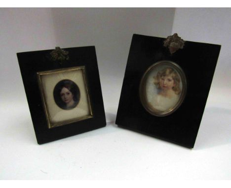 A portrait enamel by William Bone Feb 1833, in ebony frame and an early 20th Century watercolour on card, portrait of a young