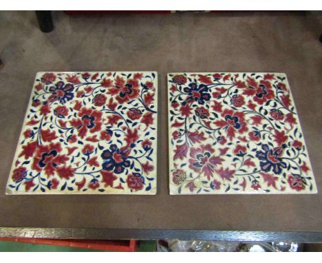 Two large Zsolnay tiles, 22cm x 22cm, chips present