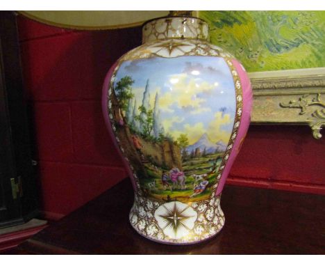A Meissen porcelain table lamp with shade decorated with cartouches, 50cm tall