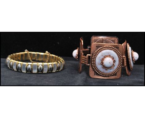 A 1950s copper-tone four panel bracelet set with marble thermoset together with a vintage gold-tone enamel and mother of pear