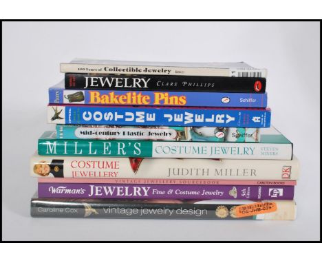 A collection of 10 Jewellery reference books to include; Bakelite pins Schiffer, Price Guide to Costume Jewelery, Jewelery Cl