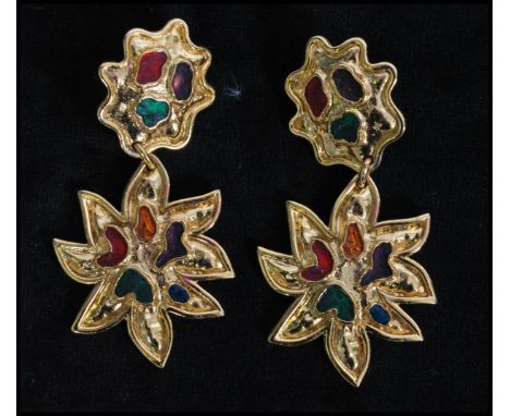 A pair of vintage signed Edouard Rambaud gold tone oversized dahlia style earrings decorated with enamel with clip fasteners.