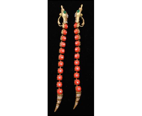 A pair of vintage signed Askew of London figural earrings in the form of snakes set with coral colour glass and Swarovski cry