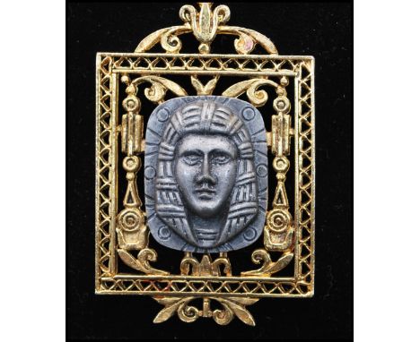 A vintage signed Art ©&nbsp; Arthur Pepper gold-tone Egyptian revival pendant necklace with central pharaoh. Measures 18 inch
