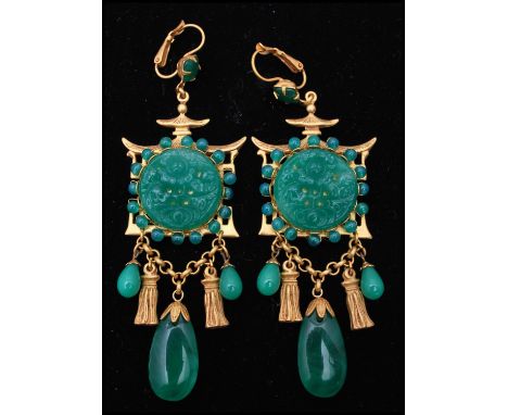 A pair of vintage signed Askew of London gold-tone figural earrings in the form of pagodas set with green peaking glass with 