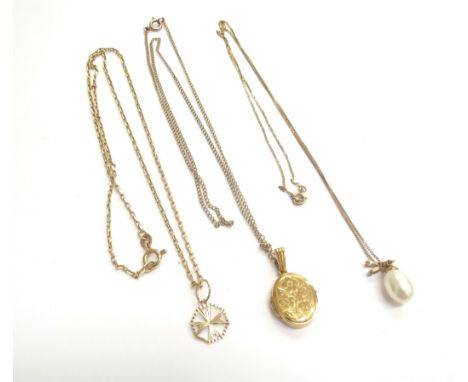An 18ct gold pendant hung on 9ct gold chain, a pearl pendant on 9ct gold chain and a 9ct gold engraved locket hung on plated 