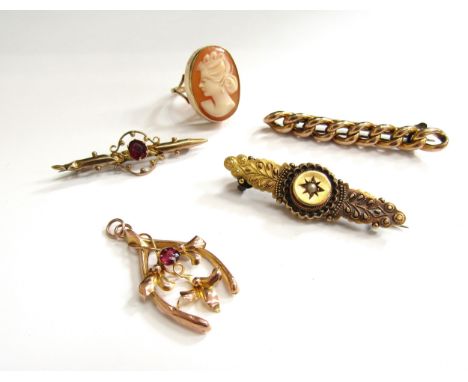 A Victorian 15ct gold bar brooch set with seed pearl, a frozen chain brooch 9c, Edwardian pendant 9ct, 9ct gold shell cameo r