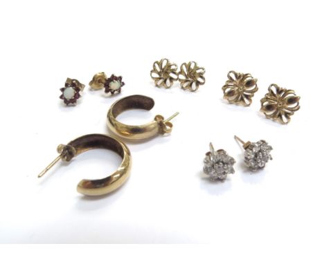 Five pairs of 9ct gold earrings including opal examples, 6.3g 
