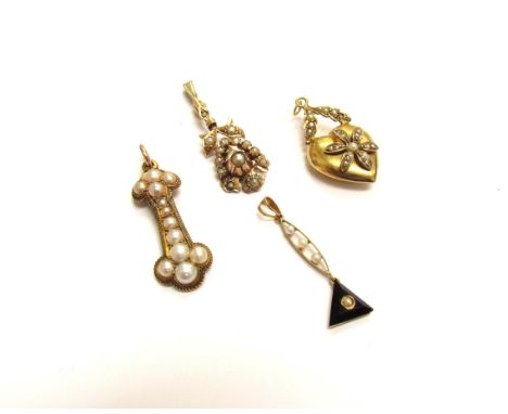 A gold heart shaped pendant with seed pearl decoration stamped 9ct, two unmarked gold seed pearl drop pendants and a seed pea