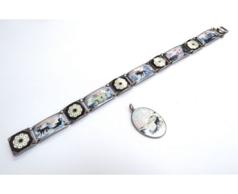 A David Andersen enamel artic scene panel bracelet, DAVID ANDERSEN NORWAY-STERLING to back, 19cm long, 25.8g and a similar pe