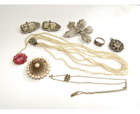 A Georgian ring with miniature gold wire monogram under paste stone to centre, paste set brooches, seed pearl necklace, diamo