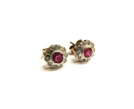 A pair of ruby and diamond floral stud earrings, 375, 1.3g 
