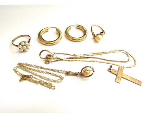 A pair of 9ct gold hoop earrings, two pearl set rings stamped 9ct, cross pendant 9ct, two 9ct gold necklaces one with a pearl