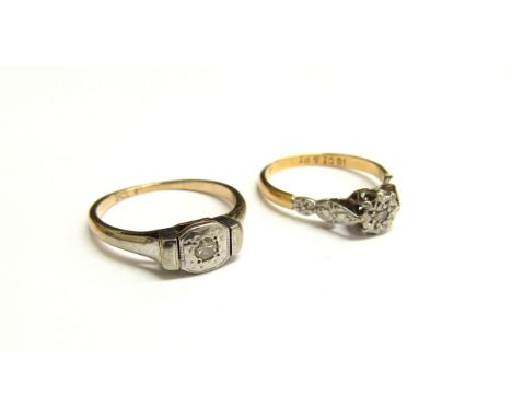 An 18ct gold platinum set illusion diamond solitaire ring, size J/K, 1.8g and a 9ct gold example, size K/L, 1.9g (2) 