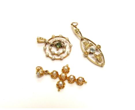 Three gold pendants including pearl set cross in open work mounts, marks rubbed, double halo pearl with peridot and diamond d
