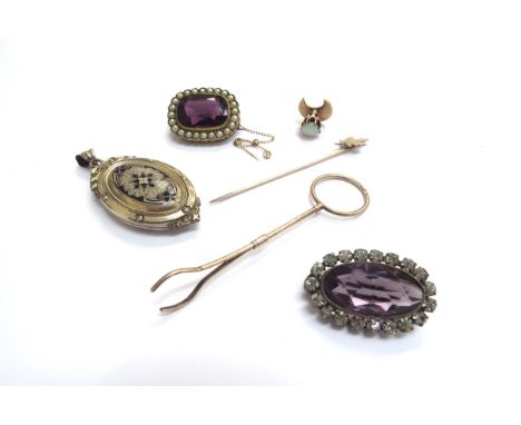 A 15ct gold opal stud, Victorian plated oval locket with hair panel, two costume brooches and 9ct gold olive grip 