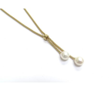 An 18ct gold necklet with two pearl drops, 40cm long, 8g 