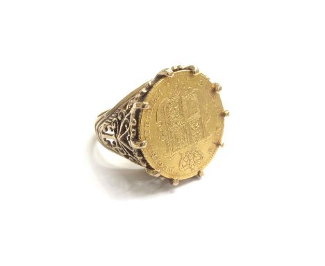 A 9ct gold ring mounted with an 1853 Victorian young head gold half sovereign. Size M, 9.8g 