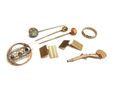 A 9ct gold brooch, 9ct gold eternity ring, gold stick pin stamped 15ct, 5.8g etc 