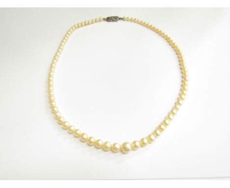A single strand graduated pearl necklace, 44cm long in a Mikimoto box 