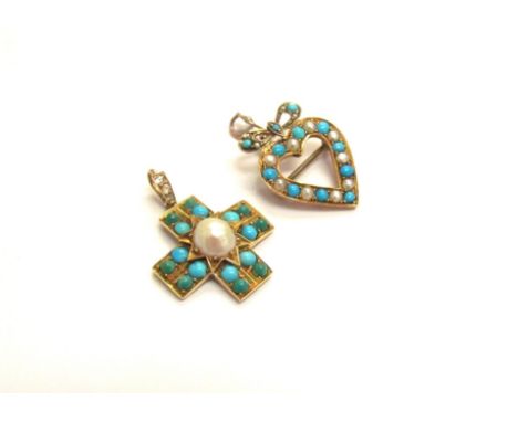 A cross shaped pendant set with green and blue turquoise, with a pearl to centre and old cut diamond bale, unmarked and a tur