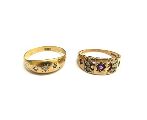 A 9ct gold opal and amethyst ring. Size N, 2g and a diamond and sapphire gypsy style ring stamped 18ct. Size Q, 2g  (2) 