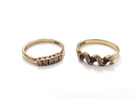 A 9ct gold ring set with a row of five small diamonds, size M/N and a 9ct gold ruby and diamond chip half hoop ring, size O, 