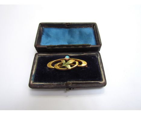 A gold Art Nouveau brooch with opal berry and frosted enamel leaves (some damage to enamel) stamped 15ct, 3.2g 