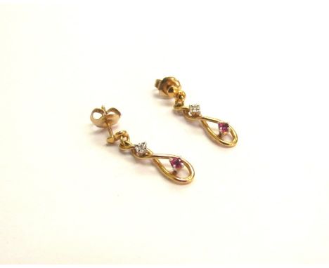 A pair of 9ct gold ruby and diamond drop earrings, 2.3cm drop, 1.9g 