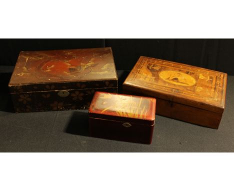 An Italian inlaid olive wood work box, the cover with central oval cartouche and harbour scene, 35cm wide, late 19th century;