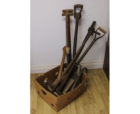 Tools - axes, garden spades and forks, hammers, crowbars, large clamp; qty 