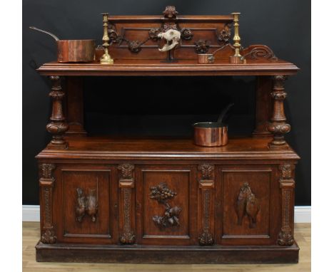 A late Victorian oak two-tier buffet, rectangular top with tall half gallery carved and applied with acanthus and flowers, ab