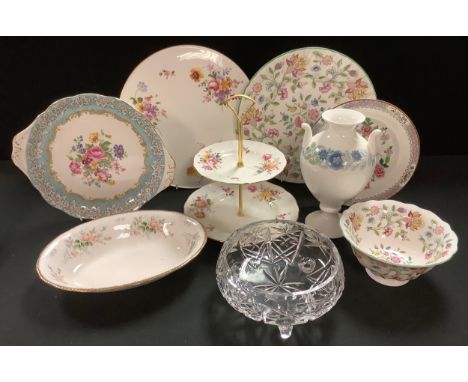 Ceramics - a Royal Crown Derby Posies two tier cake stand; another, cake platter; Minton Haddon Hall; Wedgwood; a cut glass b