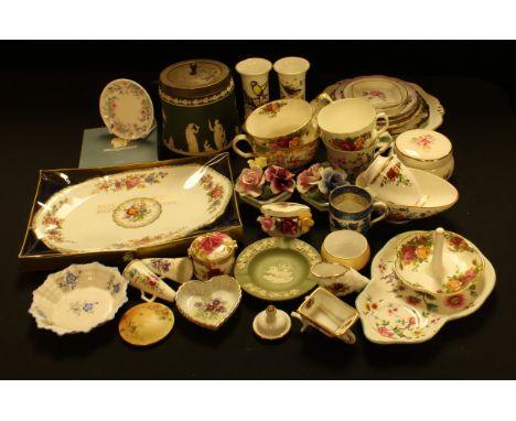 A Royal Worcester blush ivory trinket pot and cover;  Royal Albert Old Country Roses trinket dish;  Coalport British Birds sp