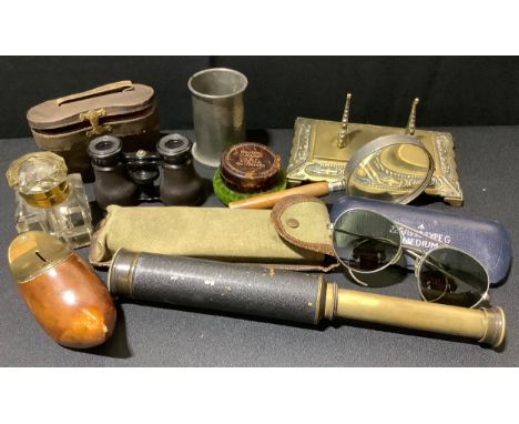 Boxes and Objects- a glass and brass inkwell; a pair of opera glasses; a three draw brass telescope, JH Steward; etc 